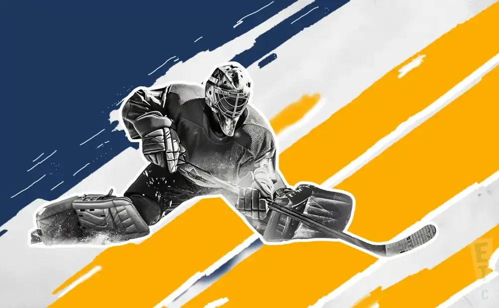 A hockey goalie in full gear makes a save, silhouetted against a background of blue, yellow, and white brush strokes.
