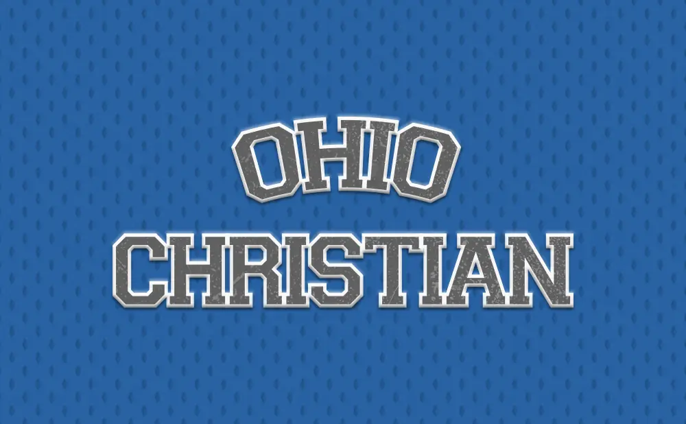 Ohio Christian text in a distressed, collegiate font on a blue, textured background.