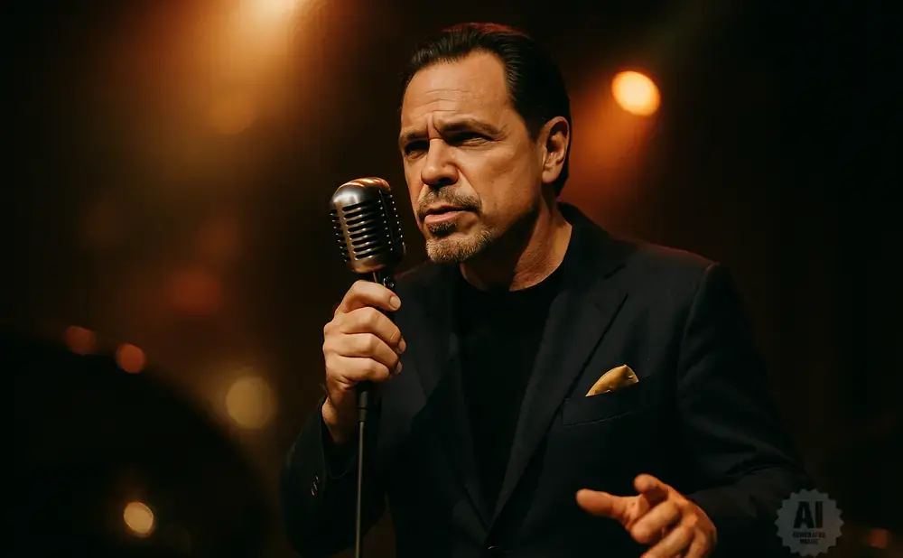 A man in a black suit sings into a vintage microphone, illuminated by warm stage lights.