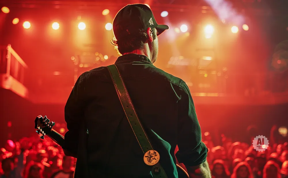 Musician plays guitar on a stage bathed in red light, facing a crowd of concert-goers.