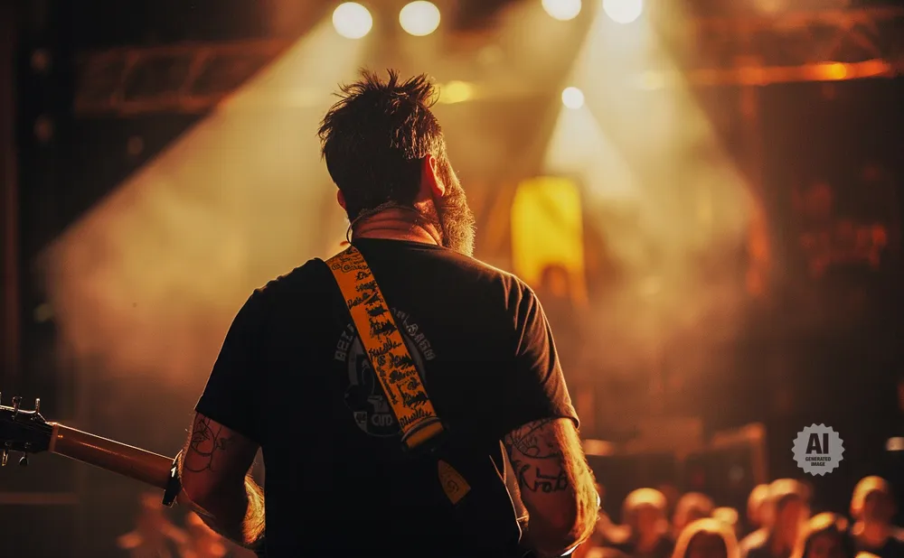 A guitarist in silhouette on stage with audience in the background.