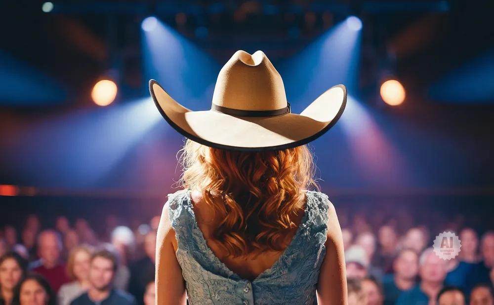 Woman in a cowboy hat on stage, facing away from the audience.