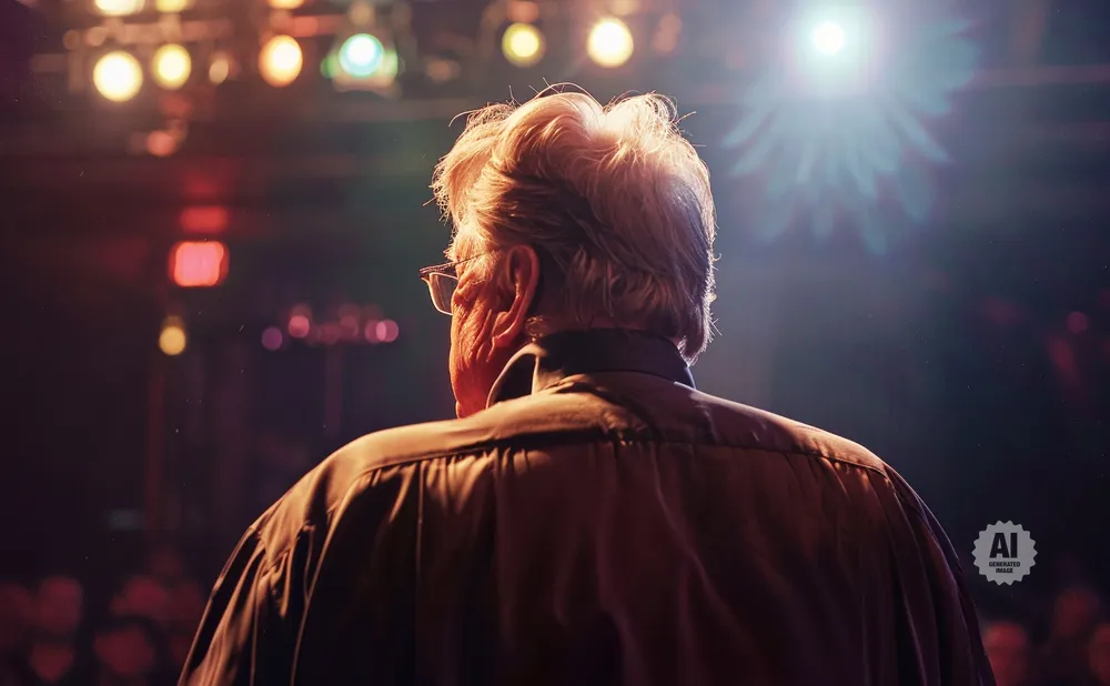 Man with glasses and gray hair seen from behind, standing on stage with bright lights above.