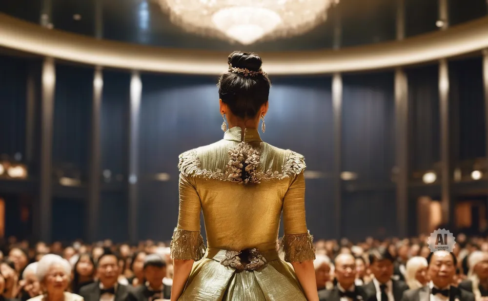 Woman in a golden dress facing away from camera on a stage with audience in the background.
