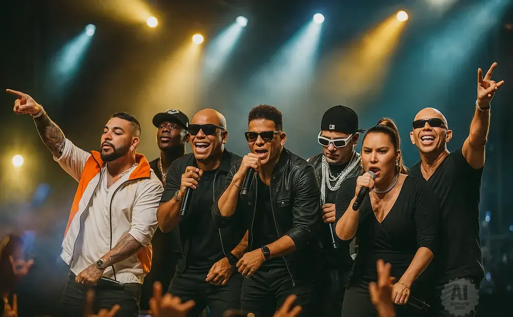 A group of seven singers perform on stage under bright spotlights, some holding microphones.