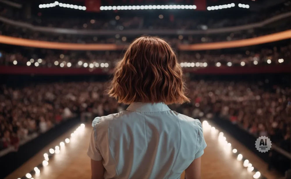 Woman with short, wavy brown hair in a white shirt facing a large, blurred audience in a stadium.
