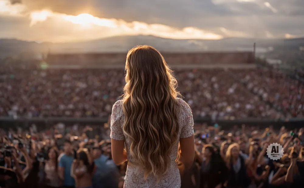 Woman on stage in a white dress, facing a large, blurred crowd at sunset.