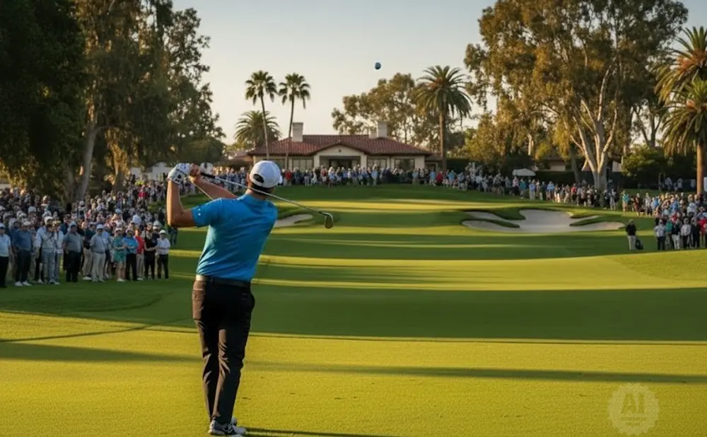 A golfer swings at a ball on a sunny course lined with spectators, palm trees, and a clubhouse.