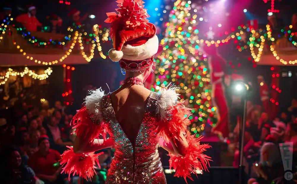 A performer in a sparkly red outfit and Santa hat, with a Christmas tree and audience in the background.