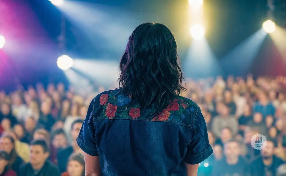 A person in a denim jacket with floral embroidery stands on a stage facing a blurred audience.