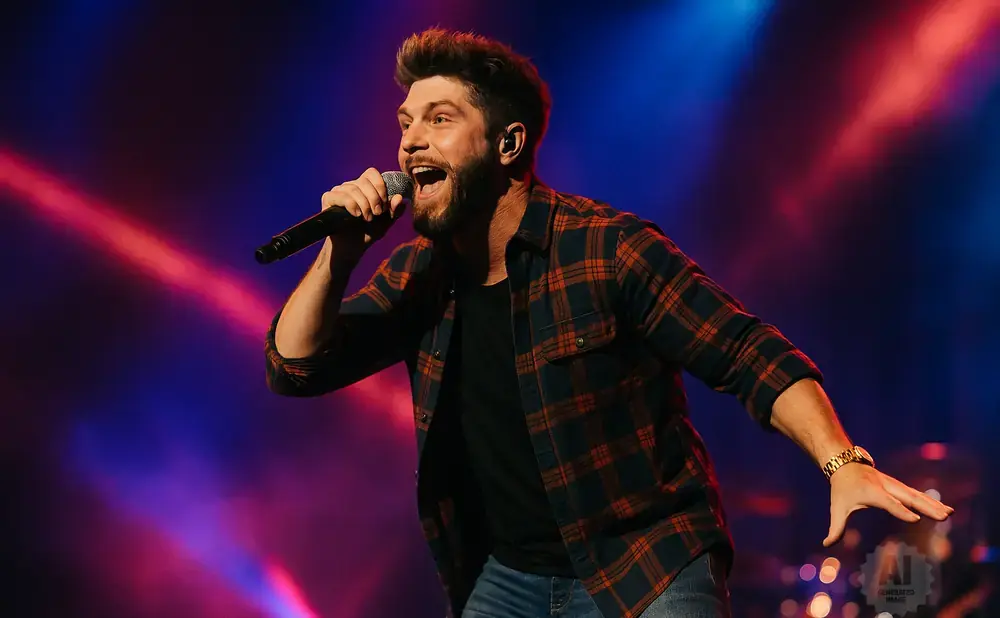 A man in a plaid shirt sings into a microphone on a stage with purple and red lights.