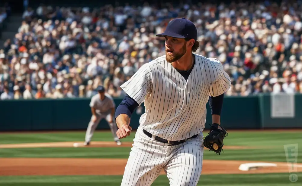 A baseball pitcher in a pinstripe uniform throws a pitch in front of a blurred crowd.