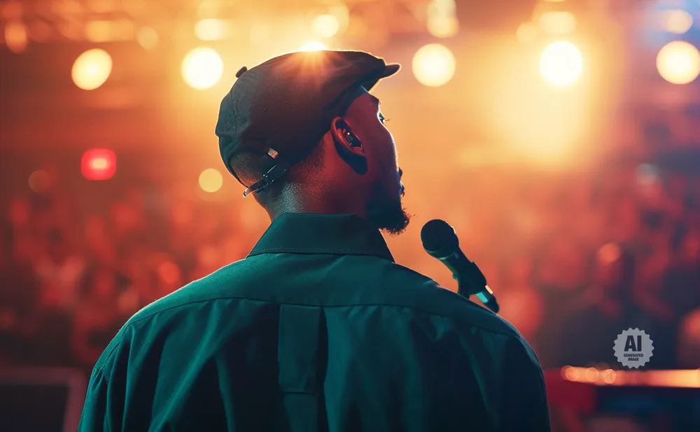 A singer wearing a cap and green shirt holds a microphone on stage with bright orange lights.