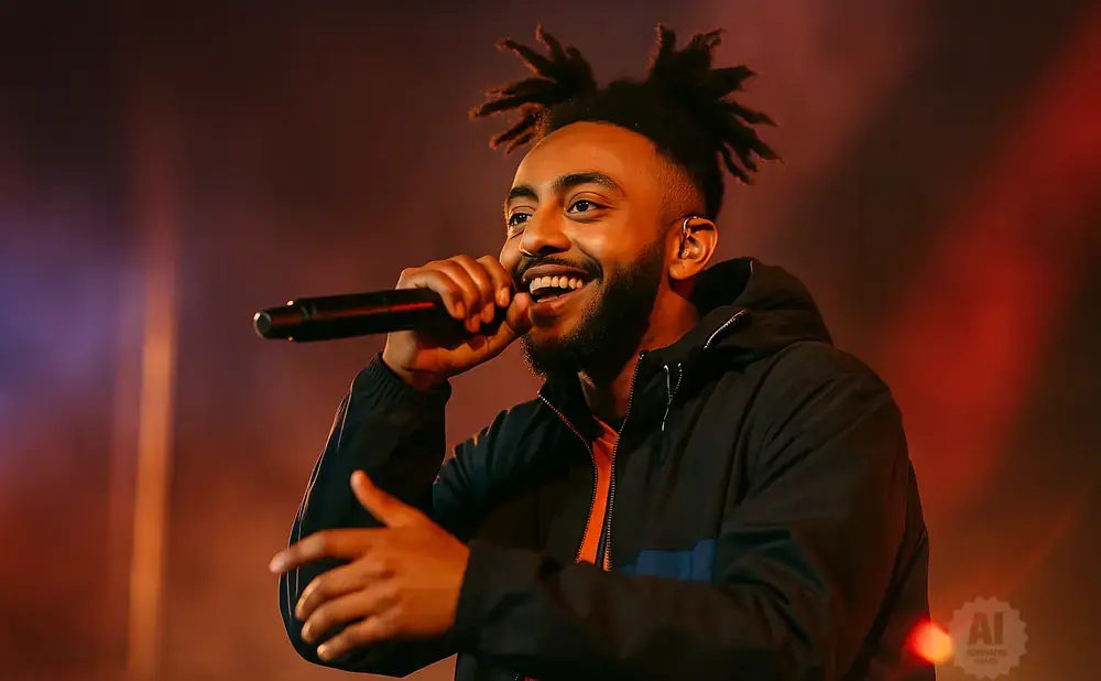 A rapper with dreadlocks performs on stage, holding a microphone and smiling.