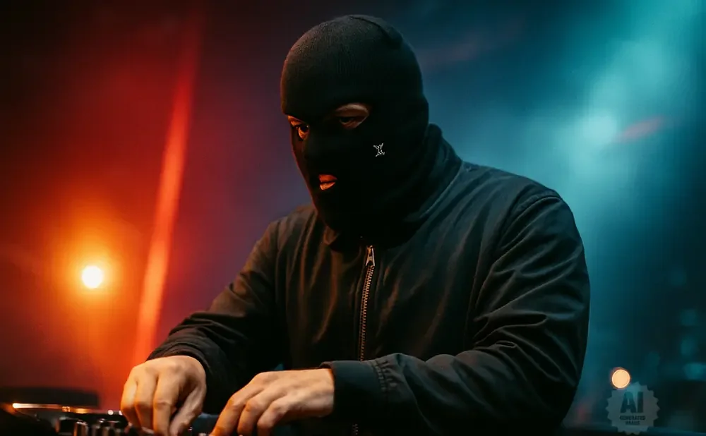 DJ in a black balaclava and jacket at a turntable, illuminated by red and blue lights.
