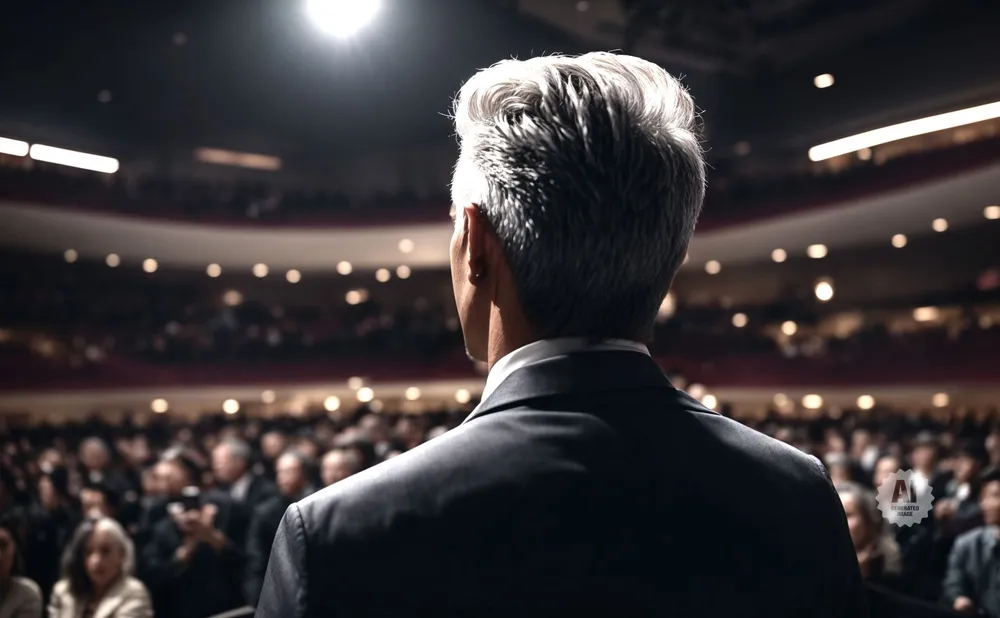 Man with grey hair in a suit, addressing an audience in a theater.
