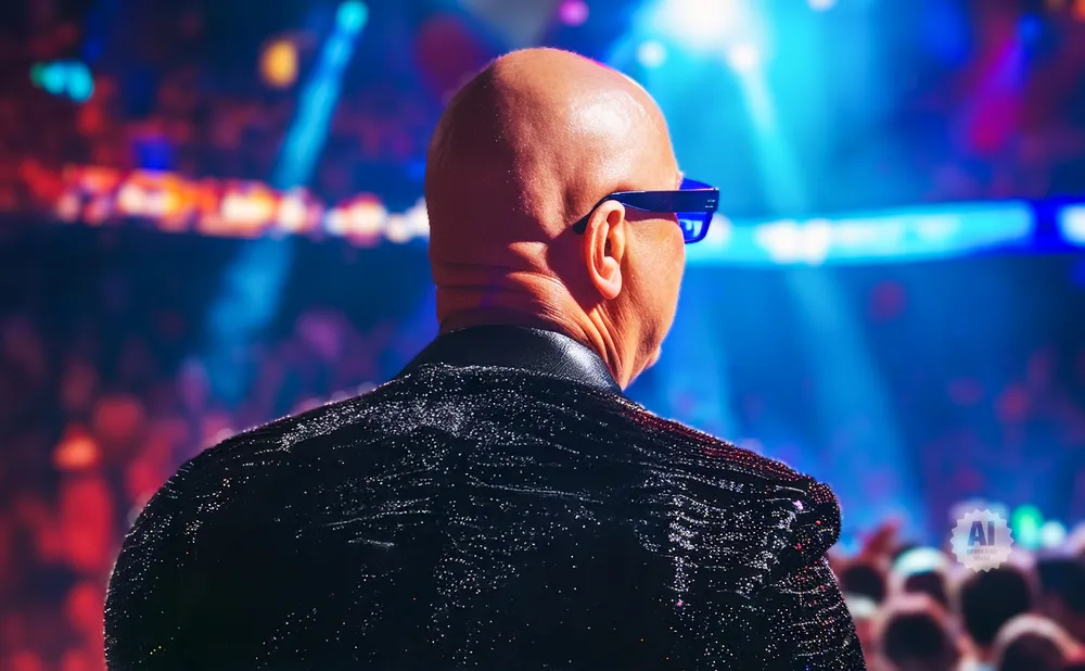 A bald man in a sparkly jacket and blue glasses faces away from the camera towards a brightly lit crowd.
