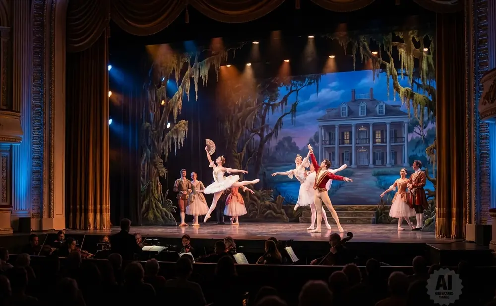 Ballet dancers perform on stage with a backdrop of a plantation and swamp, accompanied by an orchestra.