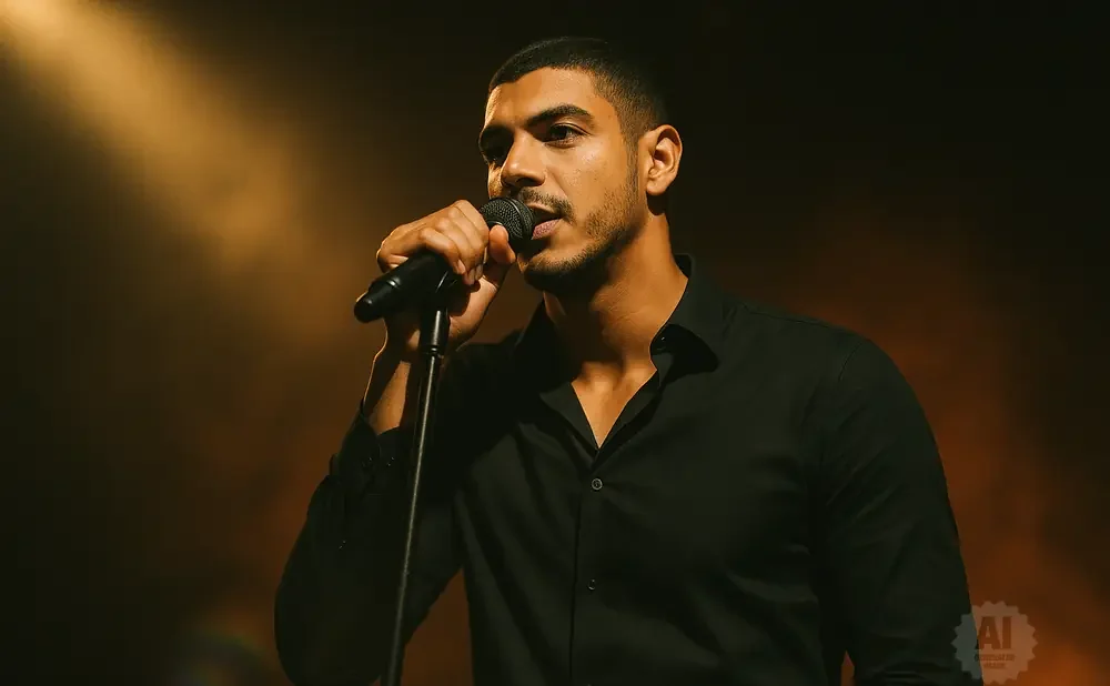 A man in a black shirt sings into a microphone on a dimly lit stage.