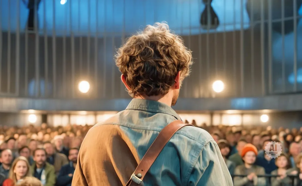 Man with curly hair playing guitar for a large, out-of-focus audience.