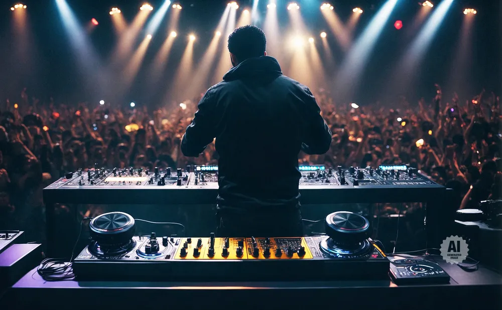 A DJ performs for a large, enthusiastic crowd in a dimly lit concert hall.