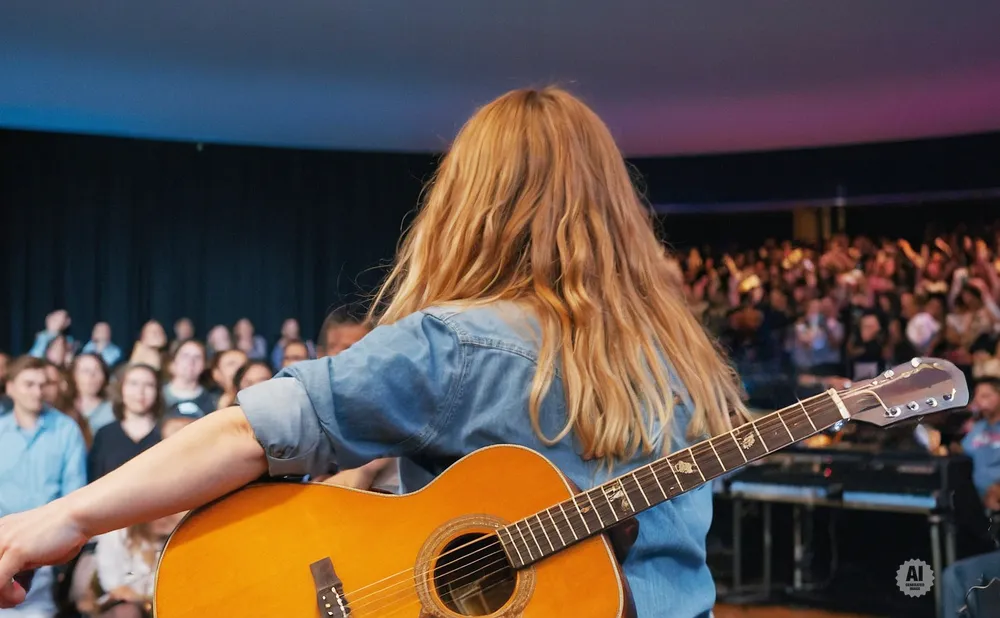 Woman with long blonde hair in a denim jacket plays an acoustic guitar for a cheering audience.