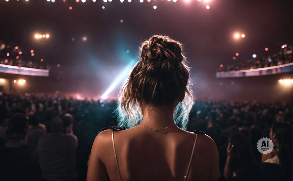 Woman with hair in a bun facing a concert crowd with bright stage lights.