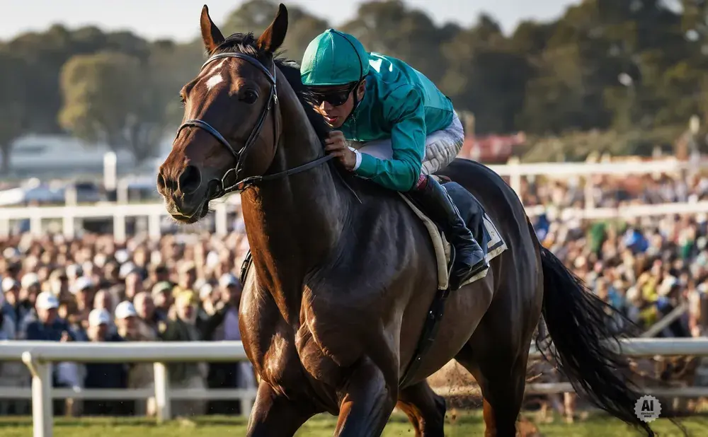 A jockey in a green uniform rides a brown horse past a crowd of spectators at a horse race.