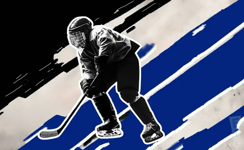 A black and white image of a hockey player in motion on a background with blue and white diagonal stripes.