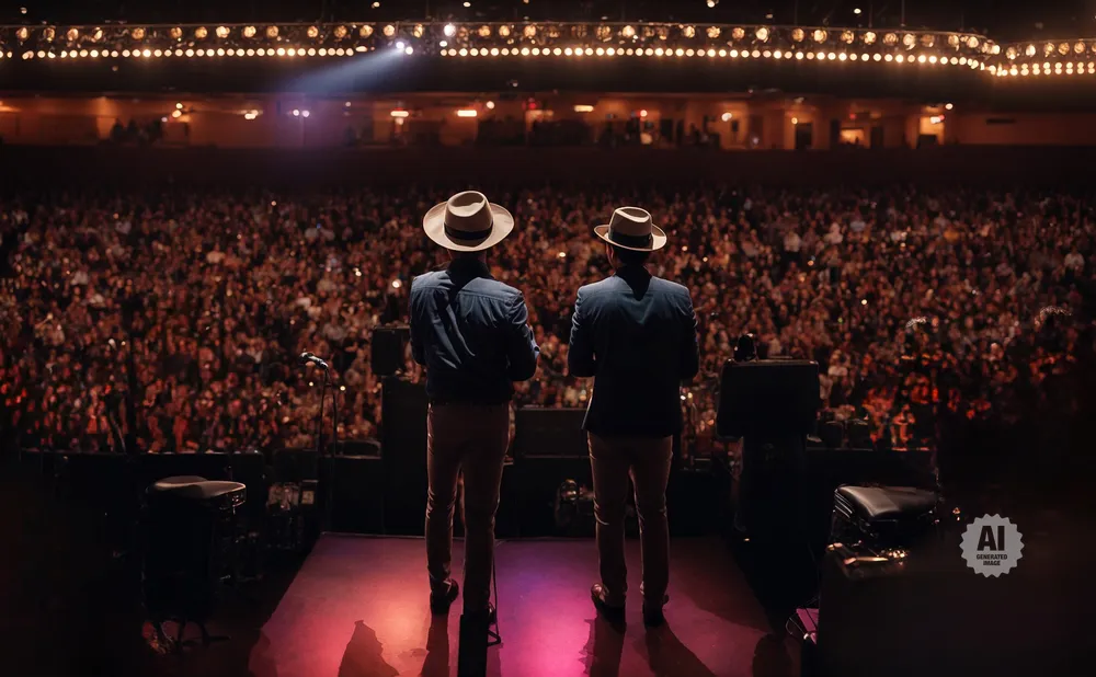 Two men in fedoras stand on a stage facing a large, illuminated audience at a concert.