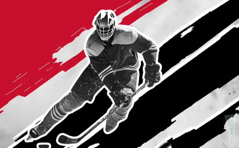 A hockey player in a mask and uniform skates with a stick against a red and black background.