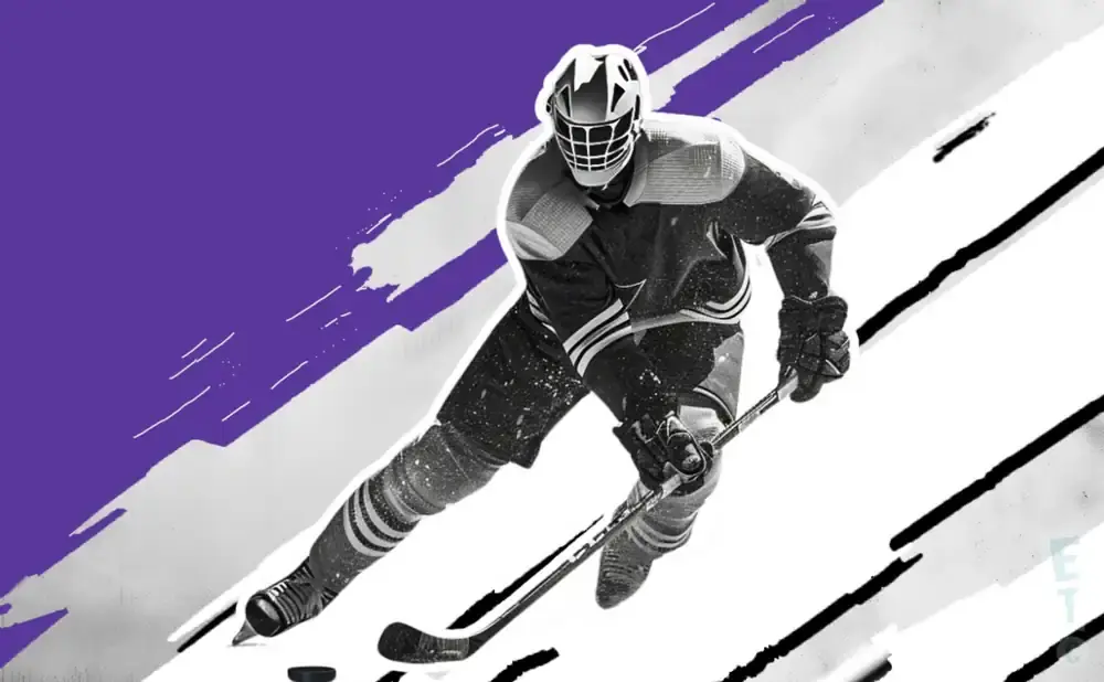 A hockey goalie in a purple and white graphic art style.