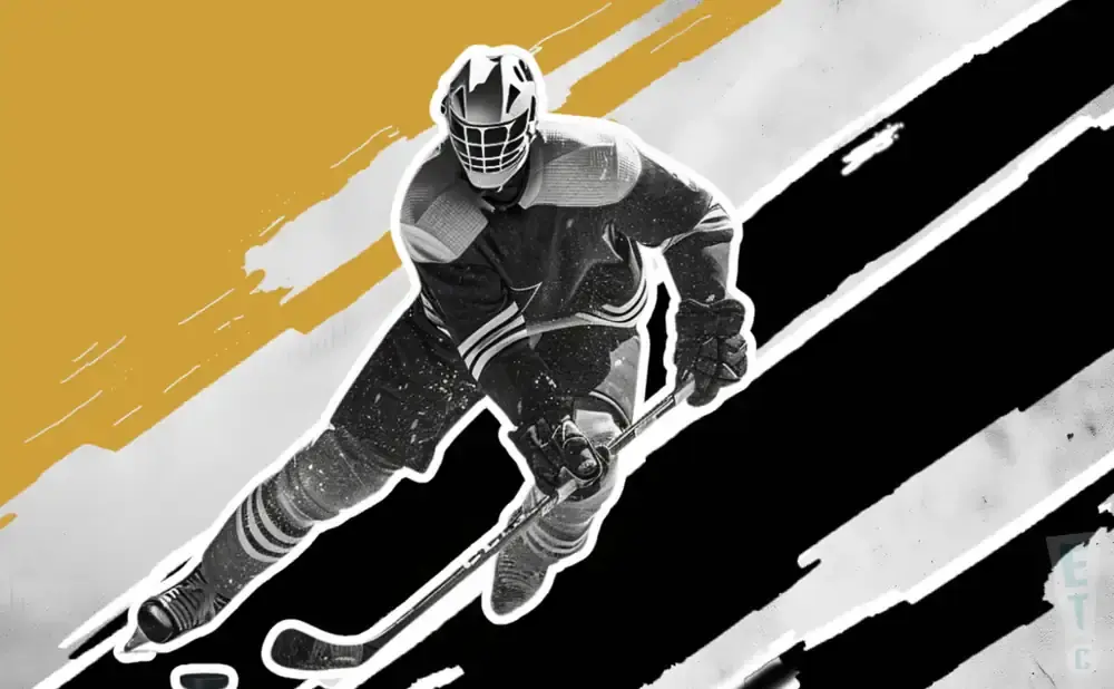 A hockey goalie in a black and white image with a yellow background.