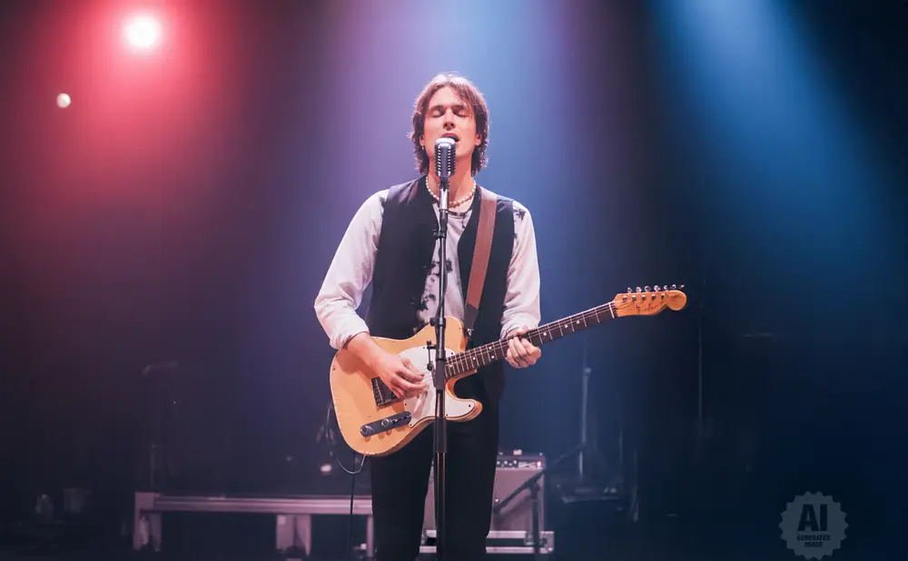 A man plays an electric guitar and sings into a microphone on a stage lit by red and blue lights.