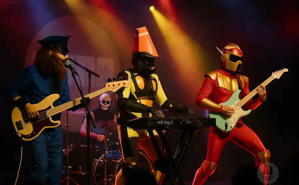 Band members in costumes—one in blue with a bass, one in yellow/black with a traffic cone head and keyboard, and one in red/gold with a guitar.