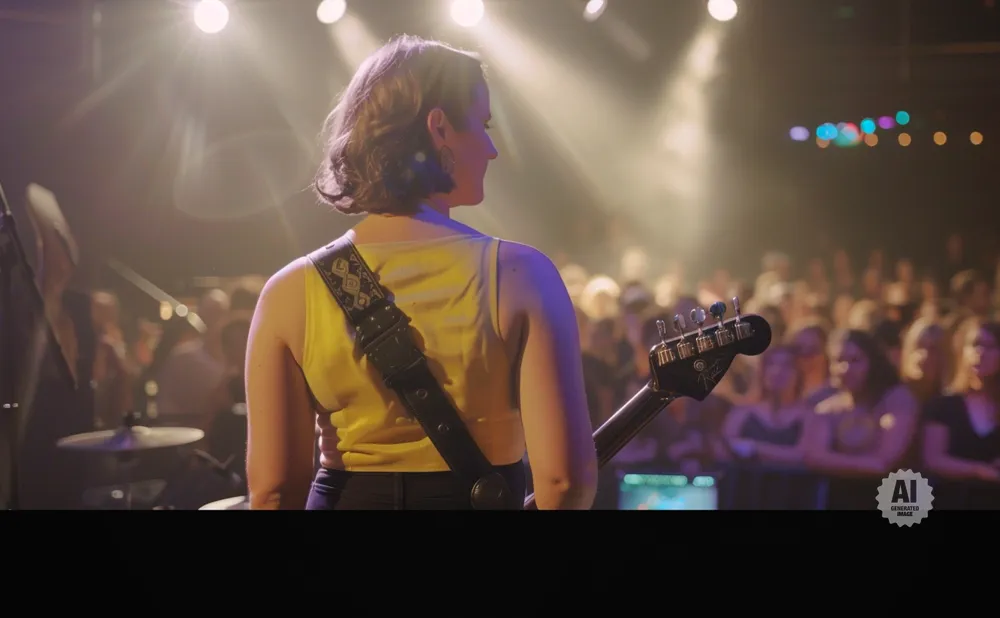 A woman plays guitar on stage in front of a crowd, lit by spotlights.