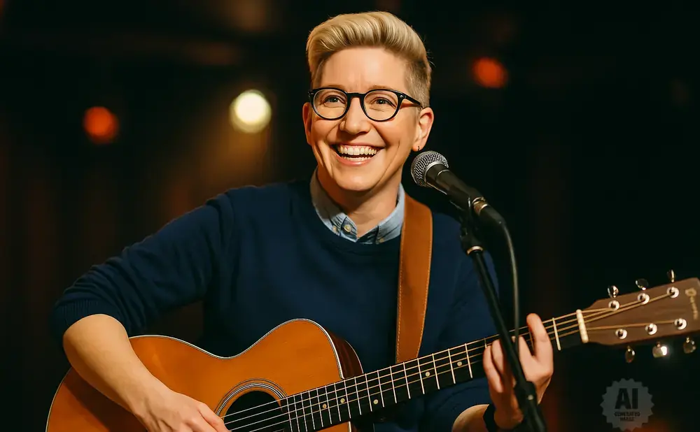 A person with short blonde hair and glasses smiles while playing an acoustic guitar and singing into a microphone.