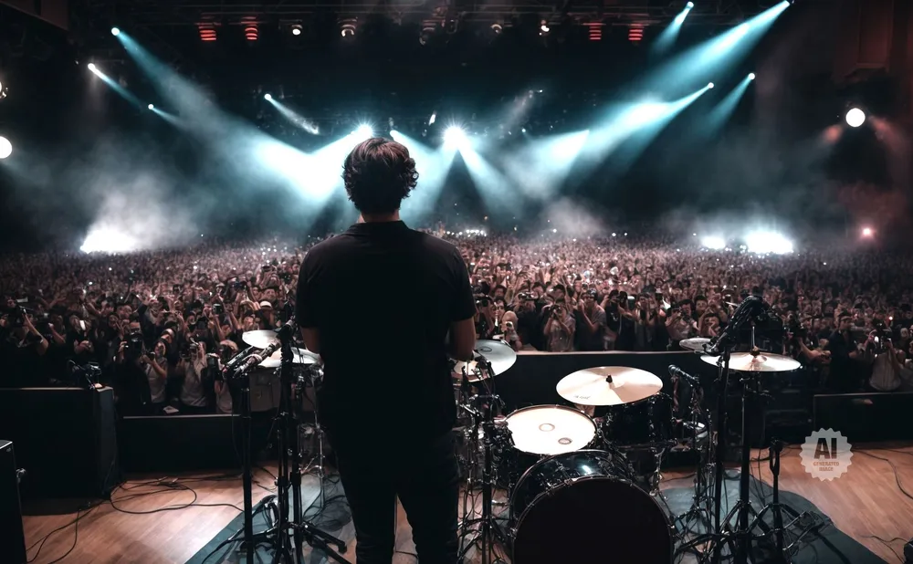 A drummer performs for a large, cheering crowd at a concert, illuminated by stage lights and fog.