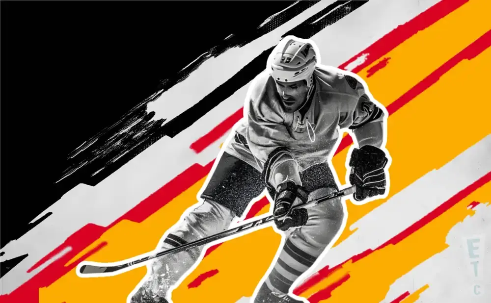 A hockey player in motion, on a background with black, white, red, and yellow stripes.