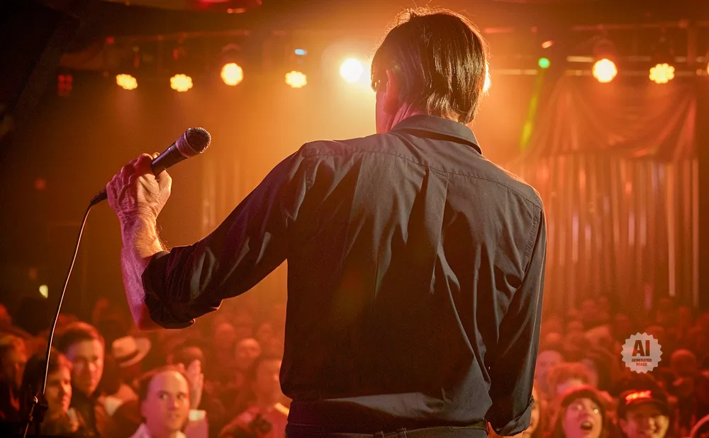 Singer on stage holding microphone, facing away from camera, illuminated by stage lights.
