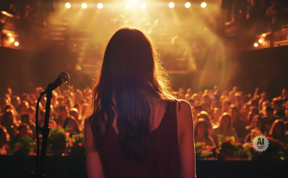 A woman faces an adoring crowd on a brightly lit stage with a microphone.