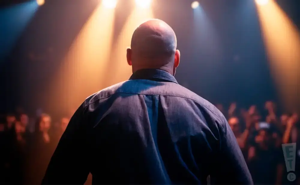 A bald man in a dark shirt faces away from the camera, on a stage with bright lights, before a blurred crowd.