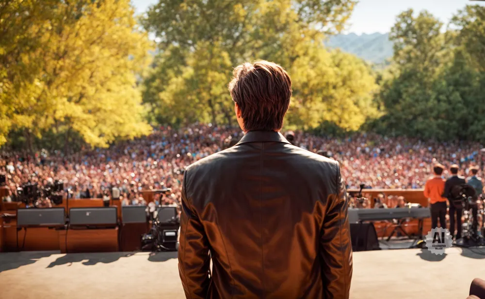 Man in leather jacket on stage facing a large outdoor audience.