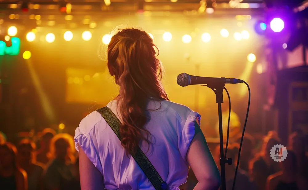 A singer stands on stage with a microphone, facing away from the camera, bathed in warm stage lights.