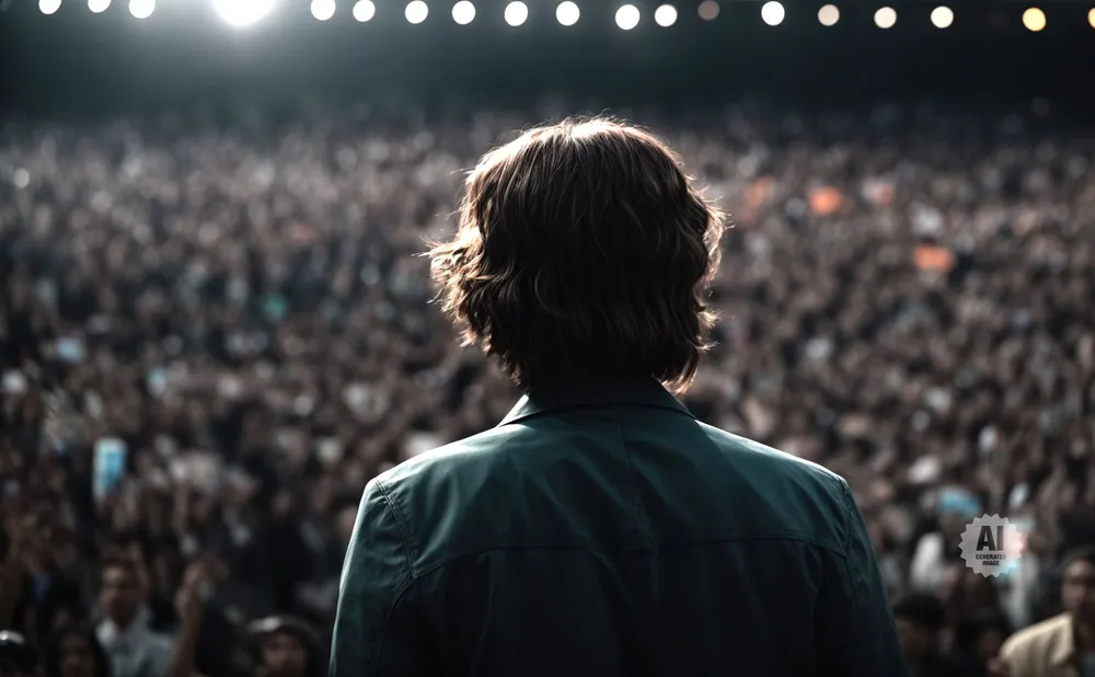 Person with dark, wavy hair facing a large, blurred crowd under bright stage lights.