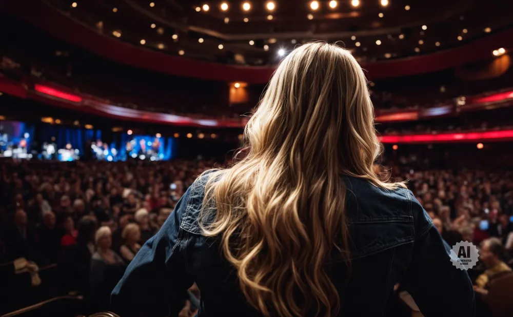 A woman with long blonde hair faces a large, dimly lit audience from a stage.