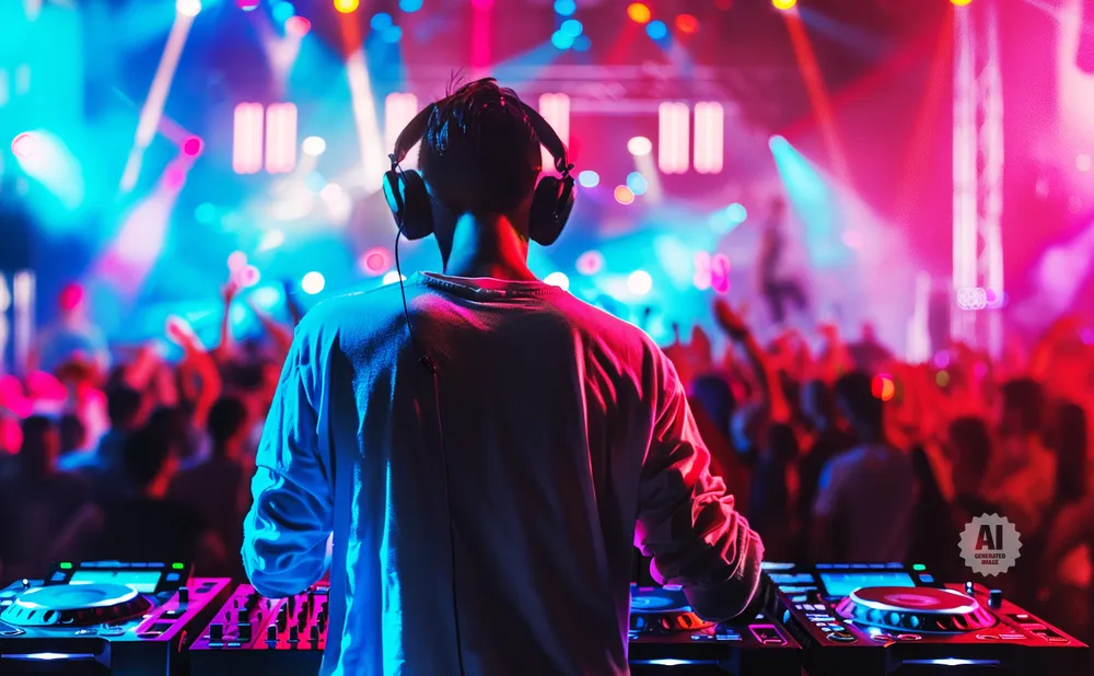 DJ with headphones playing music at a crowded, brightly lit concert.
