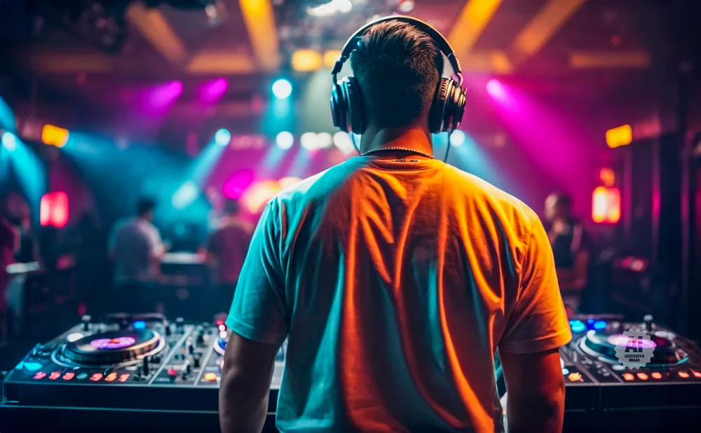 A DJ wearing headphones stands with their back to the camera, mixing music on a turntable at a vibrant nightclub with colorful lights.