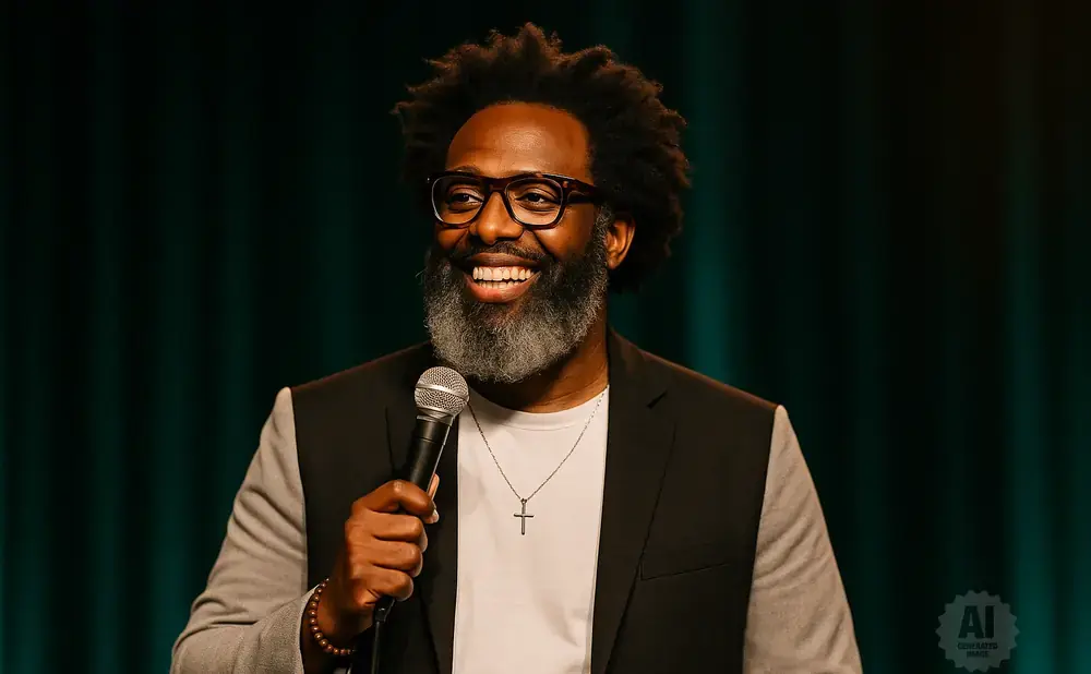 A Black man with an afro, glasses, and a beard smiles while holding a microphone.