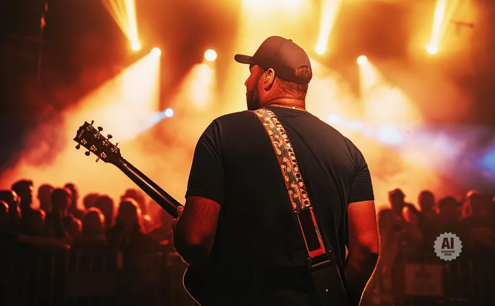 Man in a black shirt and cap plays guitar on stage with orange spotlights and a blurred crowd.
